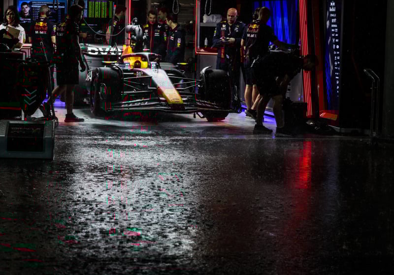 Verstappen in garage during rain in Brazil