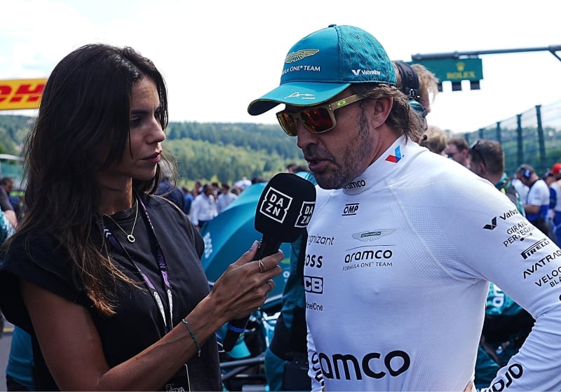 DAZN reporter Melissa Jimenez interviewing boyfriend Fernando Alonso on F1 grid