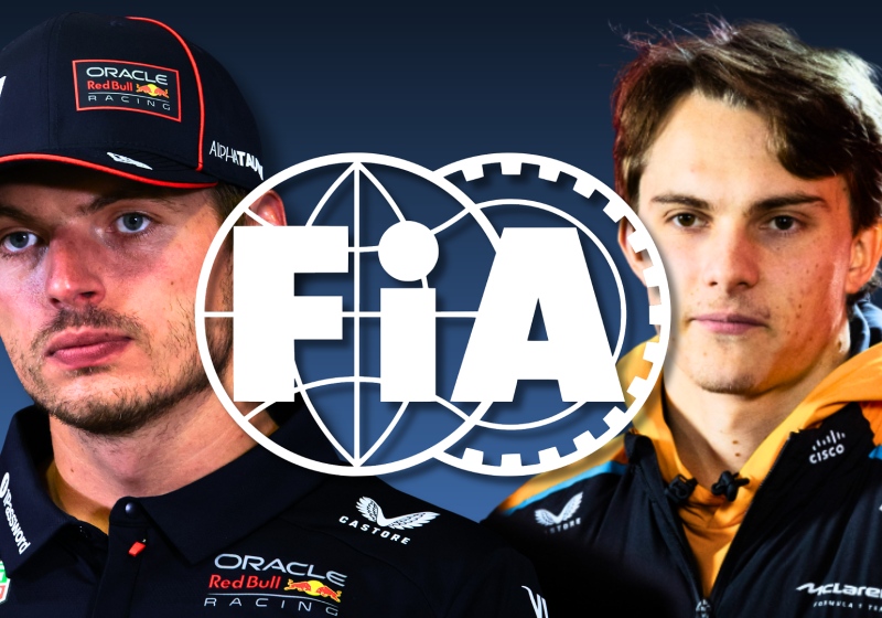 Verstappen looking serious alongside Piastri, edited either side of the white FIA logo with dark blue gradient background