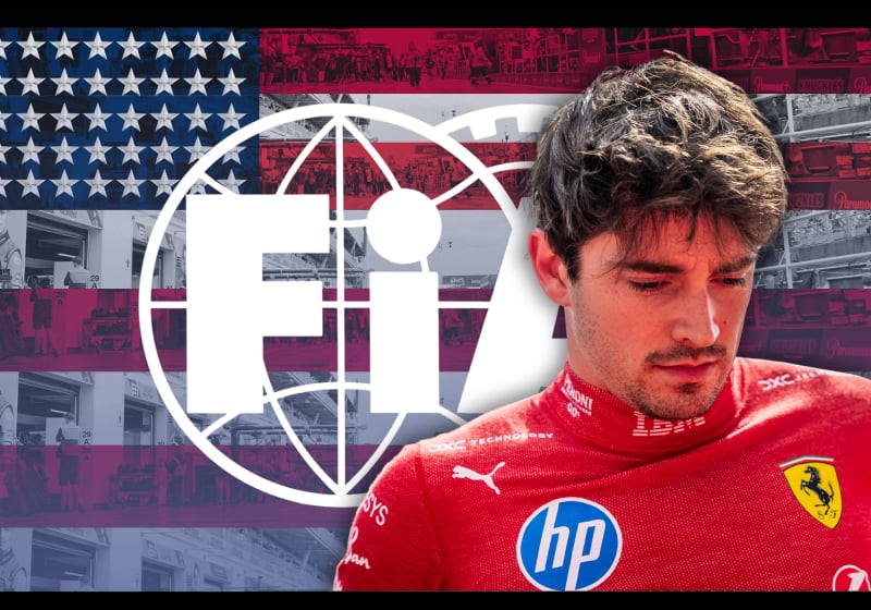 Leclerc in Ferrari race suit looking down with a glum expression in front of a US flag-themed FIA logo