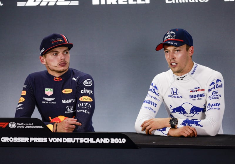 Max Verstappen and Daniil Kvyat on the podium of the German Grand Prix
