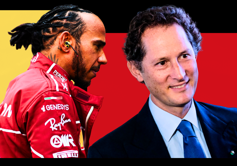 Lewis Hamilton looks far from impressed at Ferrari chairman John Elkann