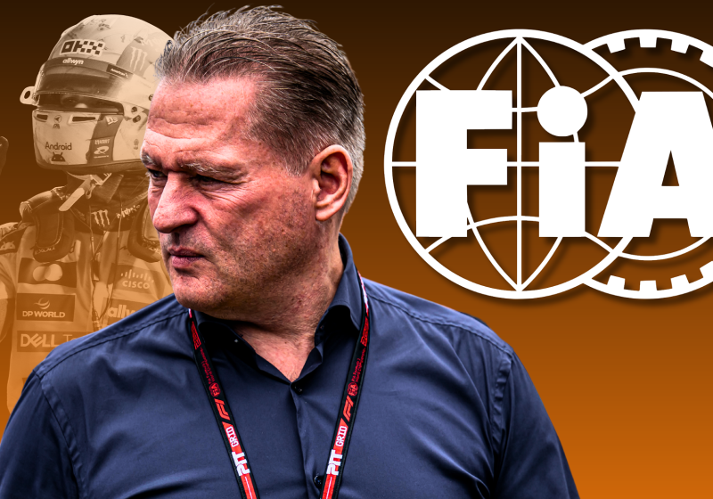 Grumpy Jos Verstappen edited next to a white FIA logo with a black and orange ombre background and a white shadow of Norris celebrating a race win in McLaren race suit