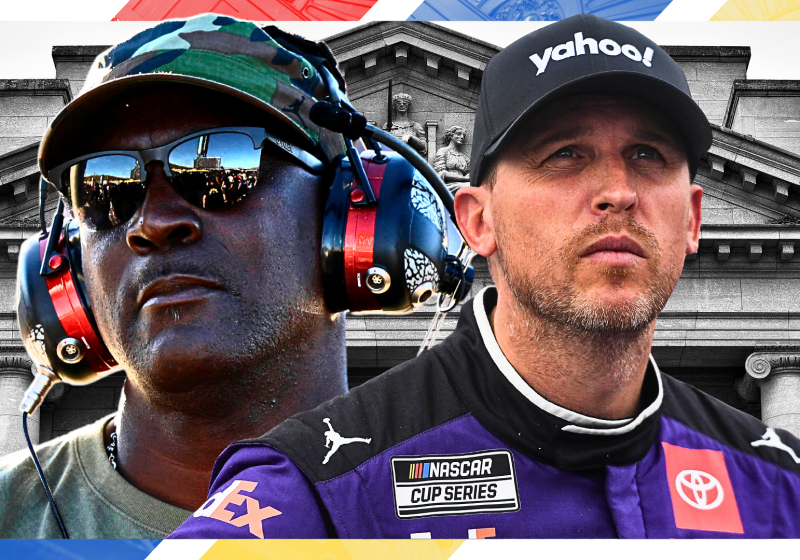 A graphic of 23XI Racing co-owners Michael Jordan and Denny Hamlin with a NASCAR theme