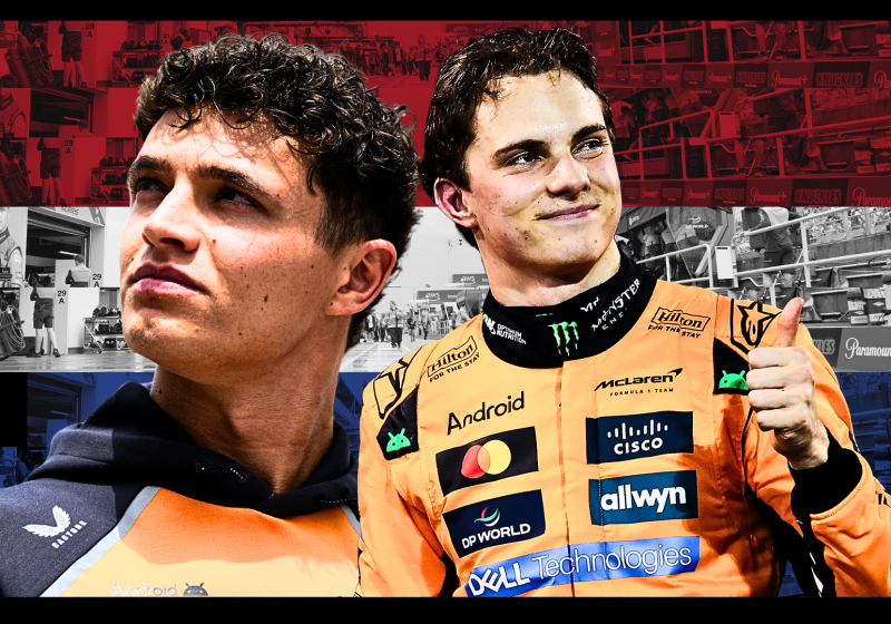 Lando Norris and Oscar Piastri in front of the Dutch flag