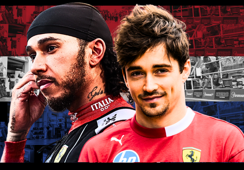 Lewis Hamilton and Charles Leclerc in front of the Dutch flag