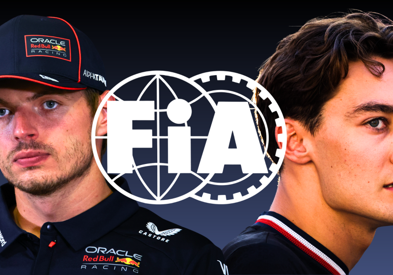 Max Verstappen and George Russell looking serious with a FIA logo in the background