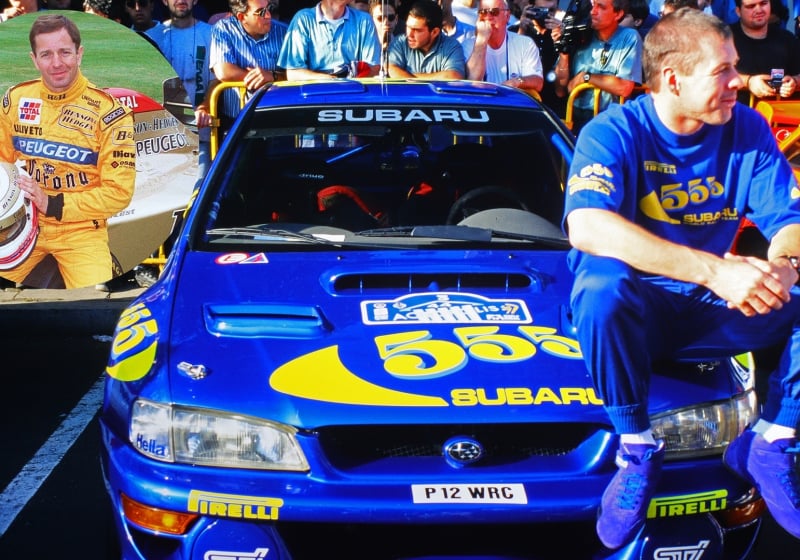 McRae sat on WRC Subaru Impreza 555 with circular inset of Brundle with Jordan F1 car and helmet