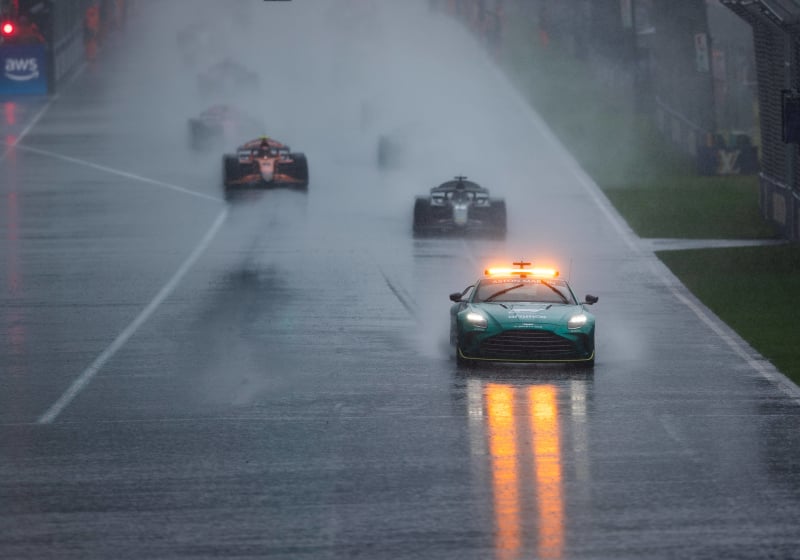 The safety car leads the F2 drivers in heavy rain at the 2025 Australian Grand Prix weekend