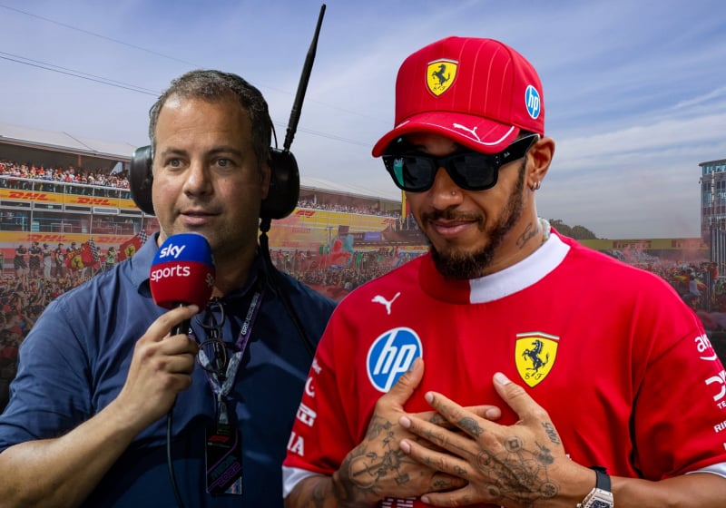 Lewis Hamilton looking grateful and Ted Kravitz appearing alarmed edited together on a background of the tifosi at Monza