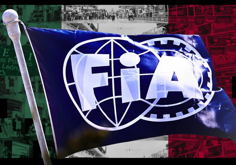 The blue FIA flag edited over a paddock-themed background in the Mexican flag colours