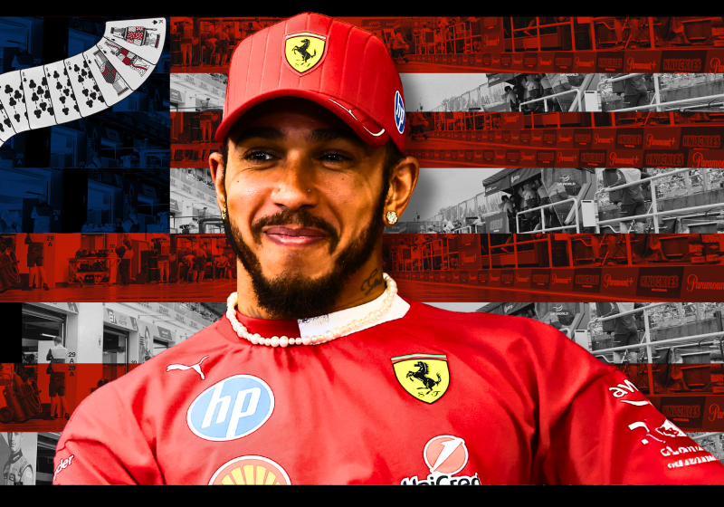 Happy Hamilton in Ferrari F1 kit in front of USA-themed Vegas flag