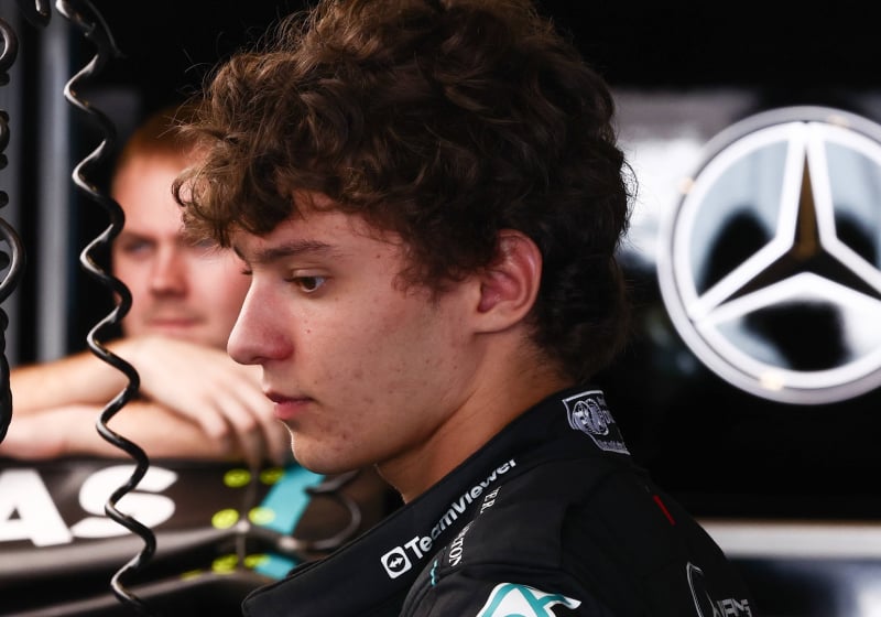 Antonelli looking downcast in the Mercedes F1 garage