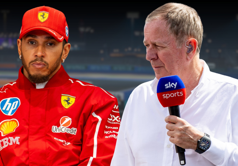 An edited image of Lewis Hamilton furious and Martin Brundle concerned with a Sky microphone