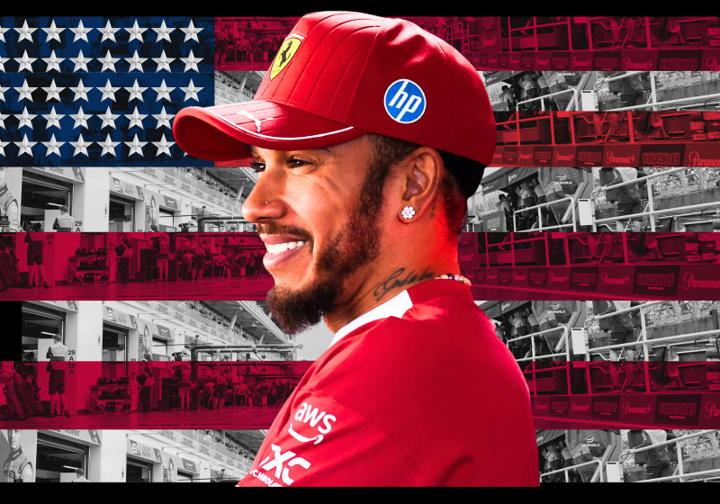 Lewis Hamilton smiling and looking happy on an edit of the US flag in the background