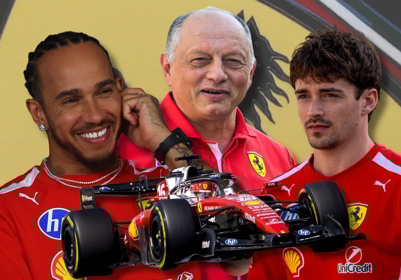 Lewis Hamilton, Fred Vasseur, Charles Leclerc are pictured with a Ferrari car