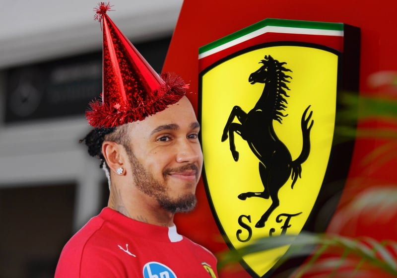 Hamilton with an edited birthday hat in front of Ferrari logo background