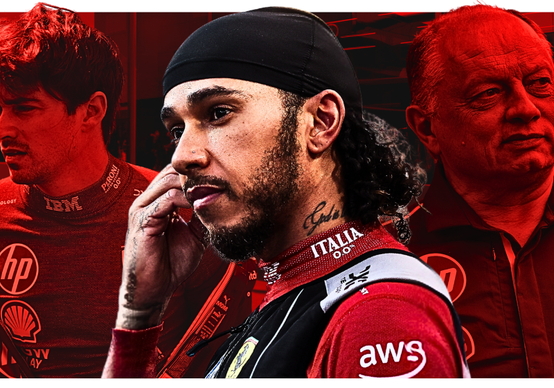 Composite image of Leclerc, Hamilton and Vasseur all in Ferrari kit with a red background