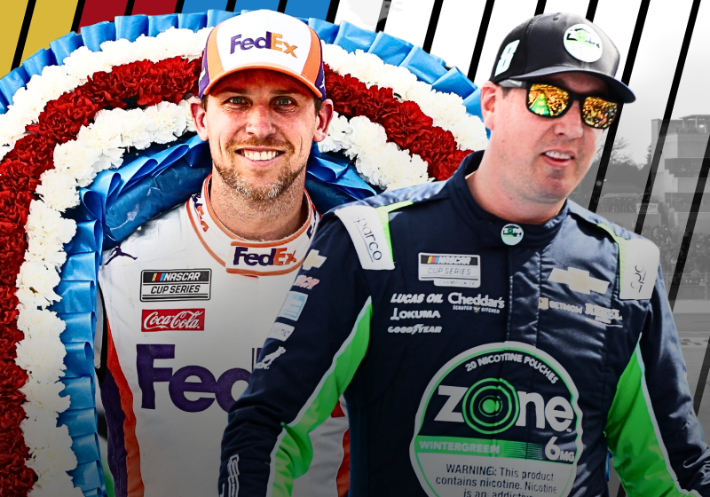 A composite NASCAR image of Denny Hamlin and Kyle Busch