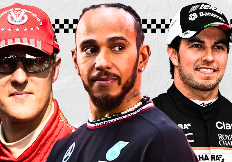 Headshots of Michael Schumacher in a Ferrari race suit, Lewis Hamilton in Mercedes gear and Sergio Perez wearing a Force India cap