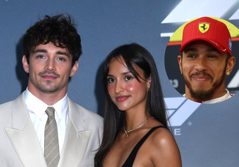 Charles Leclerc stands with Alexandra Saint Mleux at the F1 movie premiere with an inset featuring Lewis Hamilton