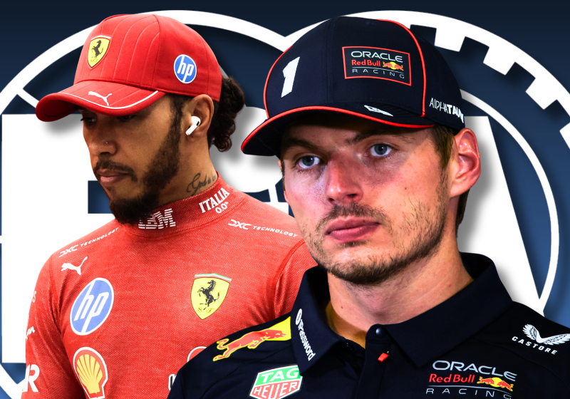 Lewis Hamilton and Max Verstappen are seen in a composite in front of an FIA logo