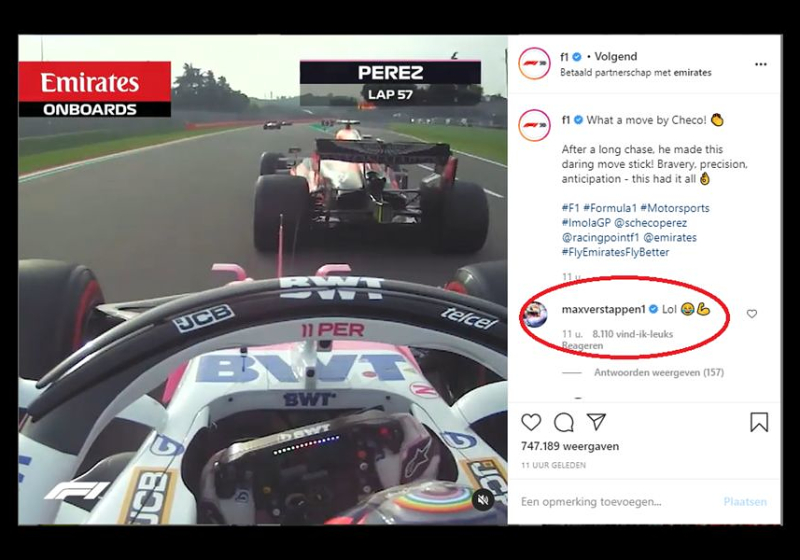 Verstappen reageert op foutje Formule 1 op social media