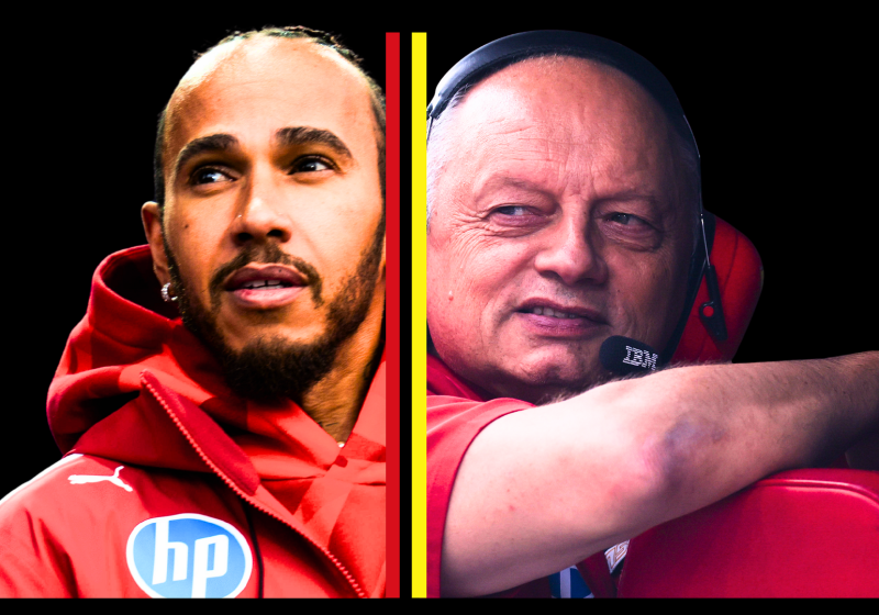 Hamilton and Vasseur edited alongside one another in Ferrari kit with black background split by yellow and red centre lines