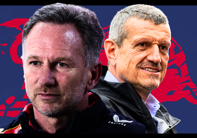 Christian Horner looking sad and Guenther Steiner smiling in front of a Red Bull logo