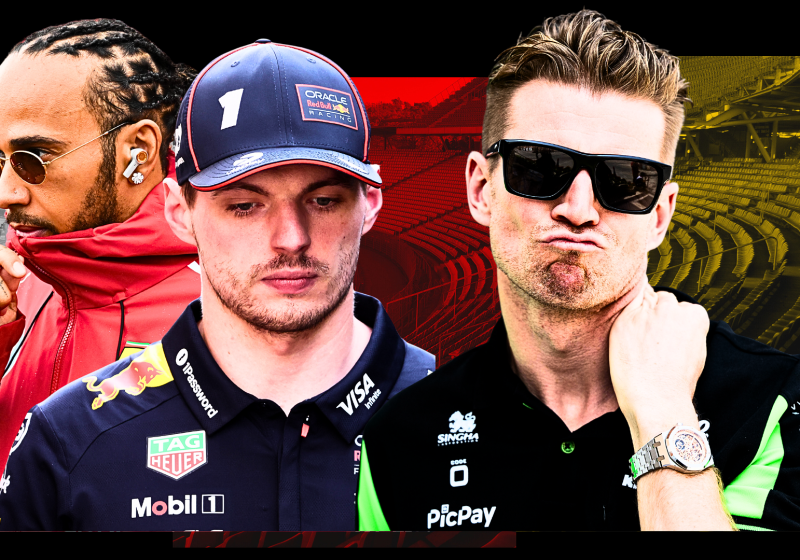 A sad Lewis Hamilton and Max Verstappen on one side and a happy Nico Hulkenberg on the other in front of a Hockenheim race track in the background