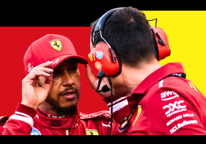 Hamilton looking annoyed facing Adami who has his back to the camera with edited red, yellow and black block background