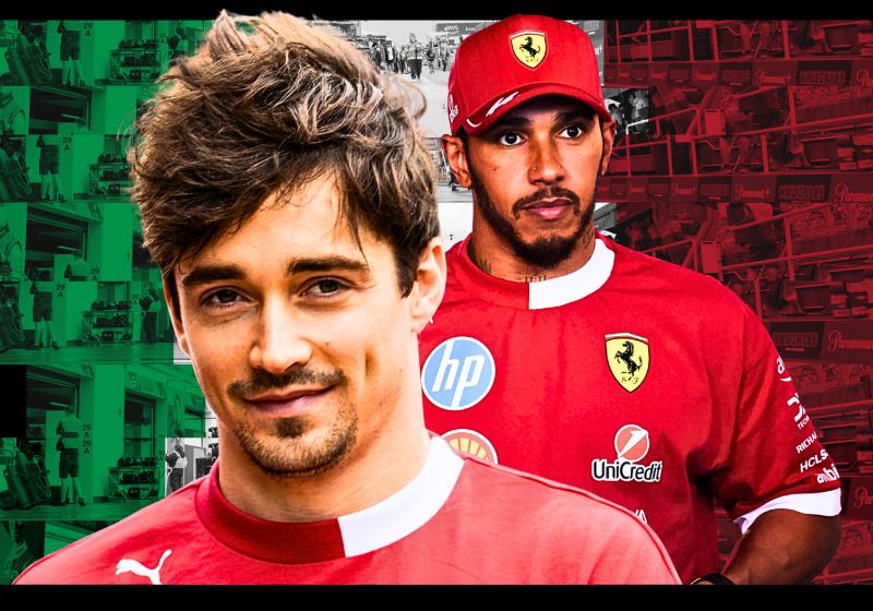 Lewis Hamilton and Charles Leclerc in front of an Italian flag themed background shot of the Italian GP