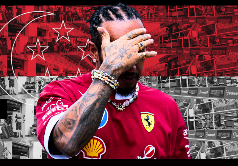 Hamilton looking ashamed in front of a Singapore flag-themed background