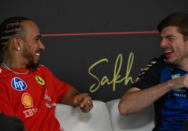 Lewis Hamilton and Max Verstappen having a giggle at Wednesday's press conference in Bahrain