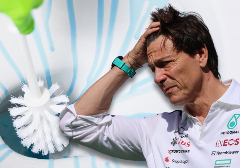 Toto Wolff looks on anxiously at a toilet being cleaned in a composite picture
