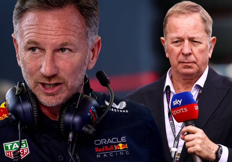 An edit of Christian Horner looking alarmed alongside Martin Brundle frowning