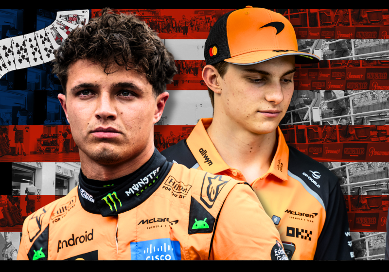 McLaren's Piastri and Norris with concerned expressions in front of an edited US-flag backdrop