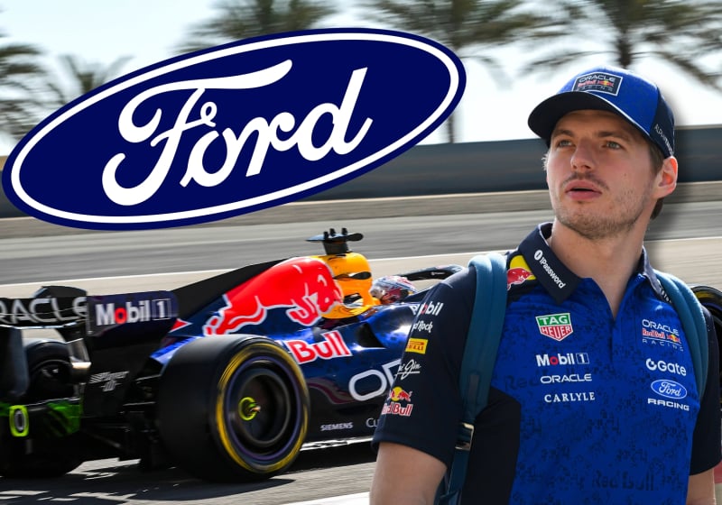 Max Verstappen is pictured with a Red Bull car looking at a Ford logo