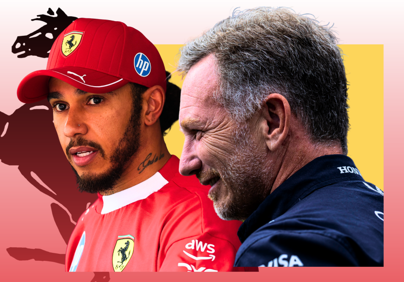 An edited feature image of Lewis Hamilton looking shocked and Christian Horner smiling with a Ferrari logo in the background