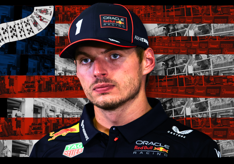 Vegas-themed USA flag background with playing cards and Verstappen looking grumpy