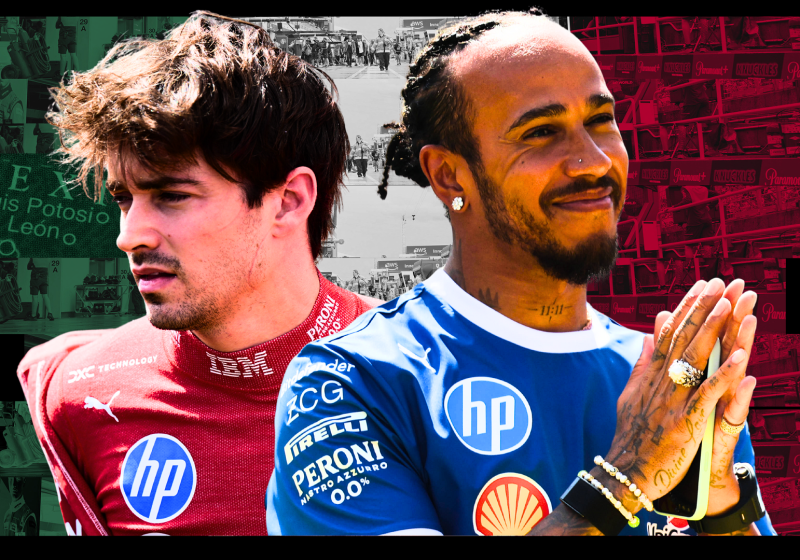 Leclerc in red Ferrari kit looking concerned, Hamilton in blue smiling in front of a Mexican flag background