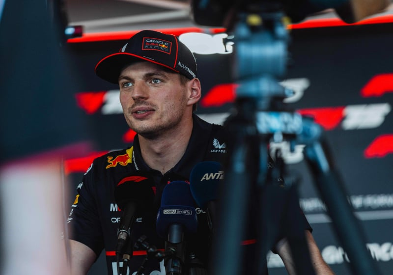 Max Verstappen talking to the press in Imola
