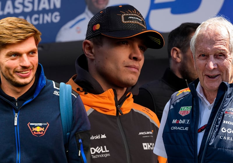 Helmut Marko (right) and Max Verstappen (left) laugh at a serious looking Lando Norris (middle)