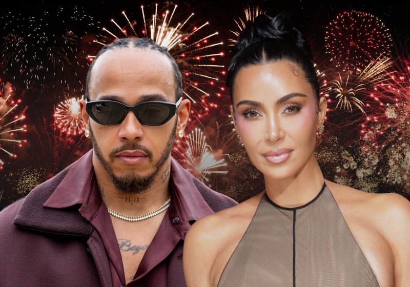 Lewis Hamilton and Kim Kardashian looking glam edited on a background of New Year's Eve fireworks
