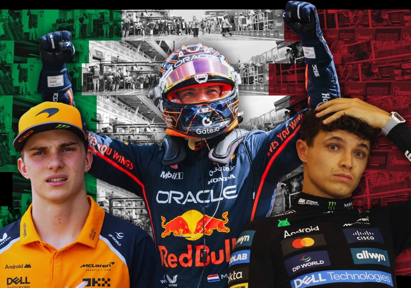 Composite image of Piastri, Verstappen and Norris in front of Italian flag-themed background