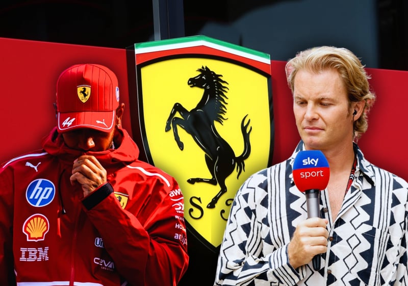 Composite image of Hamilton with Rosberg holding a Sky mic in front of Ferrari logo