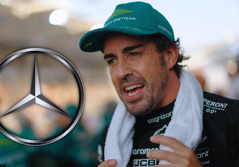 Headshot of Alonso in Aston Martin race suit and cap with Mercedes logo edited to his left