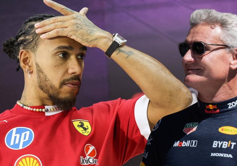 Lewis Hamilton looks across at David Coulthard