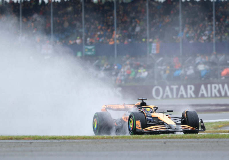 An image of a McLaren in the wet at the 2024 British Grand Prix at Silverstone