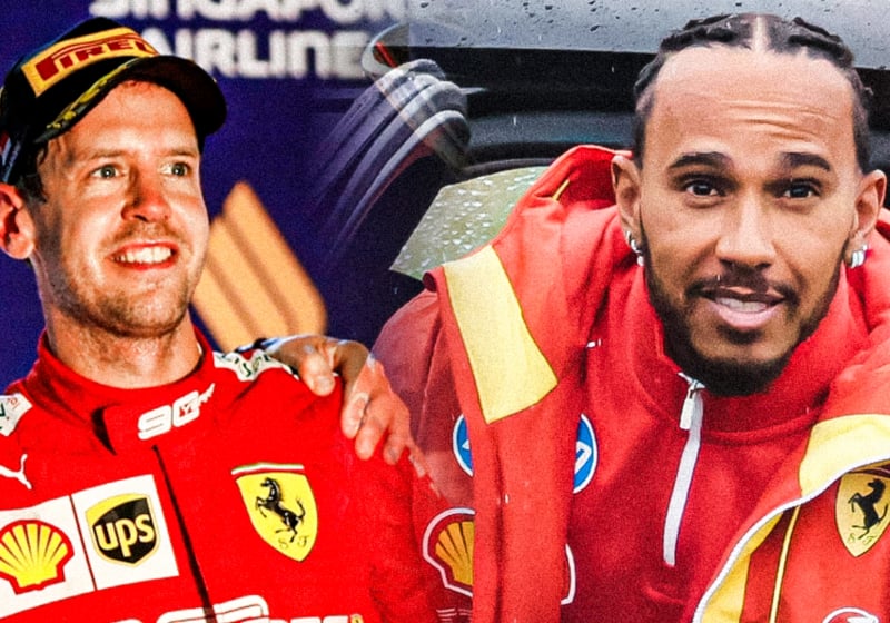Composite image of Vettel and Hamilton both during their time at Ferrari, dressed in red
